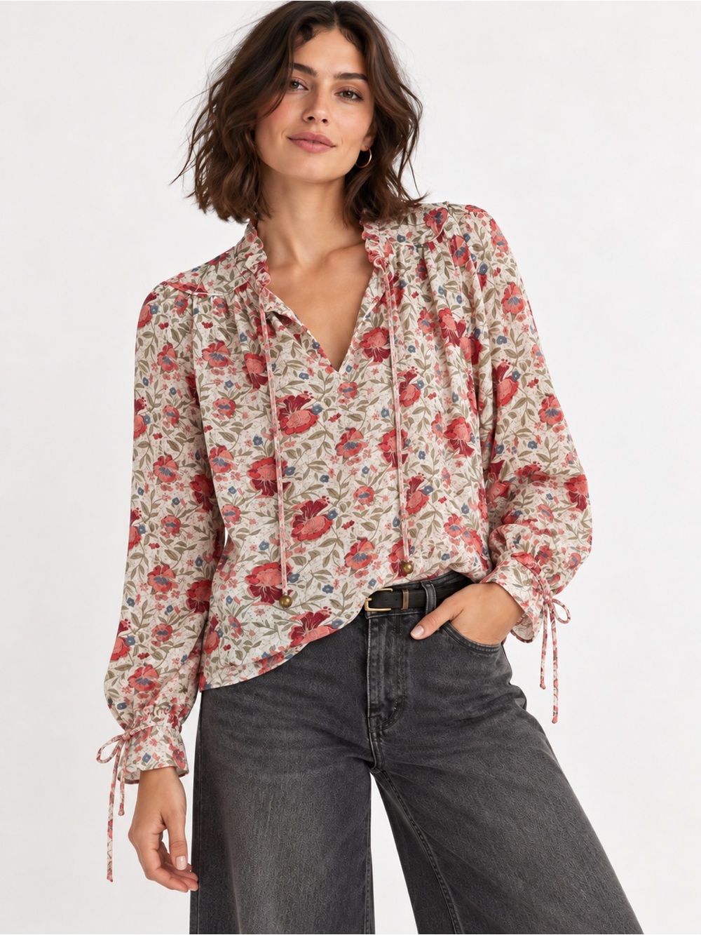 Dress Forum Floral Boho Blouse Small Metallic Tie Neck Long Sleeve Cottagecore
